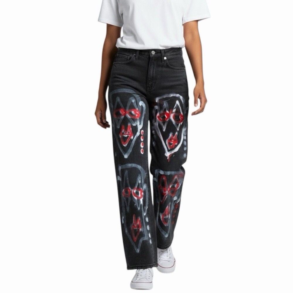BLANKNYC The Baxter Women's Ribcage Straight Leg Jeans 26 Black Red Graffiti Art